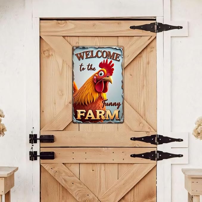 FunnySign Chicken Gifts Rooster Décor Welcome To The Funny Farm Rustic Tin Sign For Home Farm Chicken Coop Decor 8x12 Inch (9705)