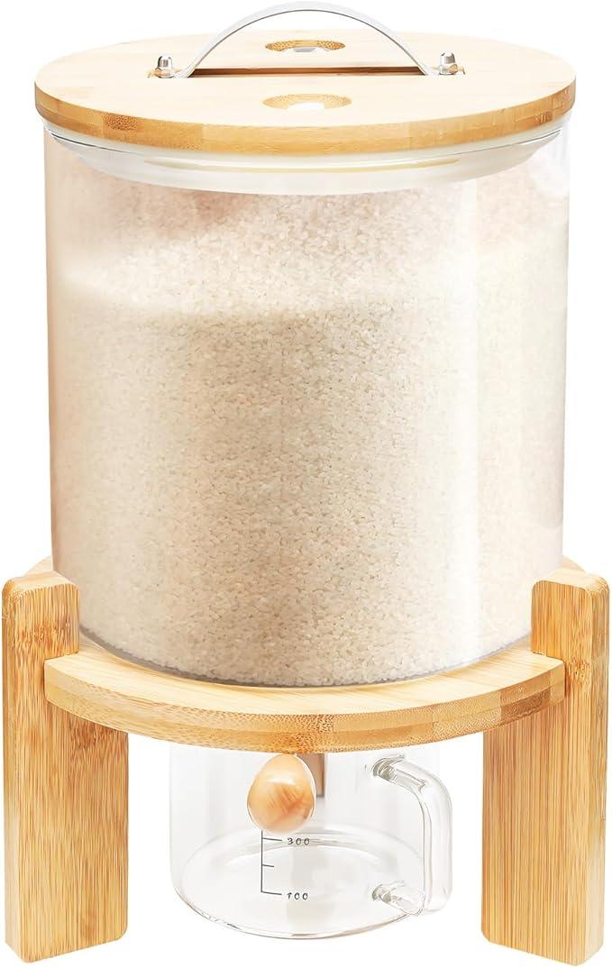 5L Glass Rice Dispenser with Bamboo Stand, 8-10 Lbs Cereal Container with Glass Measuring Cup,Large Airtight Food Organization Storage Bin for Grain, Coffee Bean, Dry Food