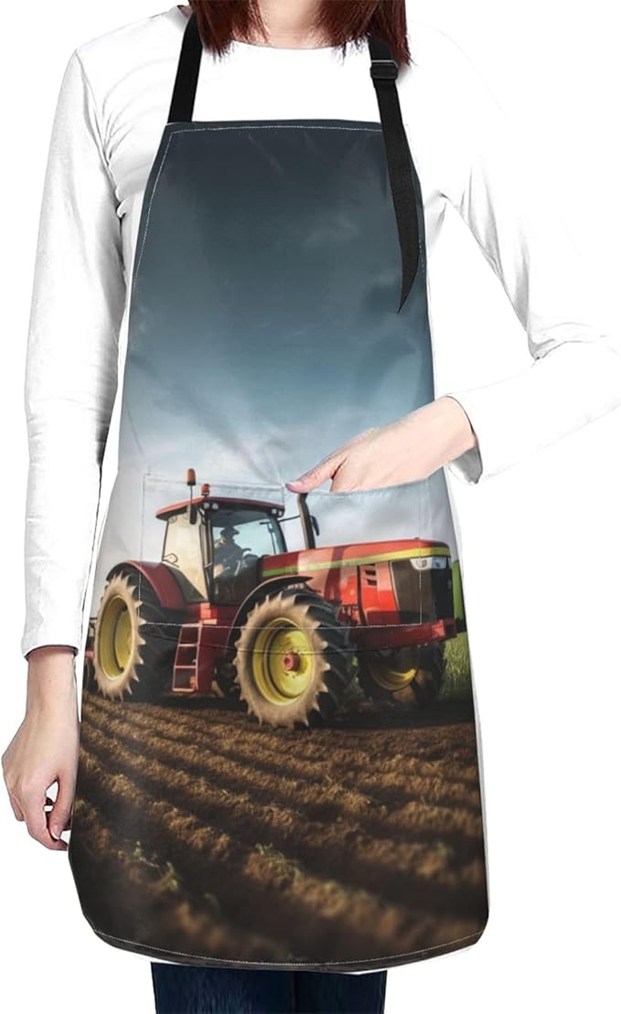 Tractor farm Cooking Aprons for Women Men Waterproof Bib Apron with Pockets Adjustable Kitchen Chef Apron