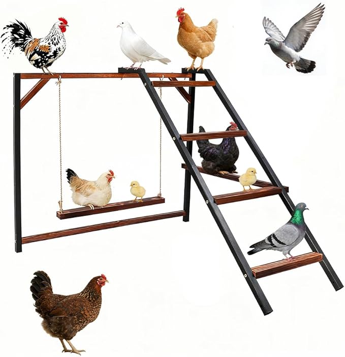 Chicken Perch Swing, Chicken Roosting Bars with Ladder for Coop, Metal Pet Swing Set for Pet's Healthy & Happy for 8-10 Chick (Walnut 1)