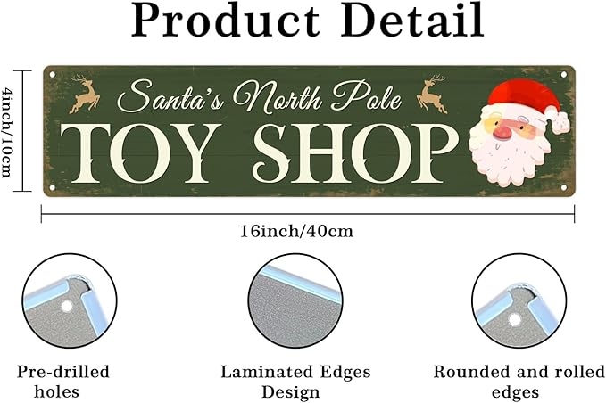 Santa's North Pole Toy Shop Christmas Metal Sign Vintage Print Art Poster Tin Plaque for Home Farmhouse Kitchen Patio Yard Cafe Bar Front Door Wall Decor 4x16 Inch