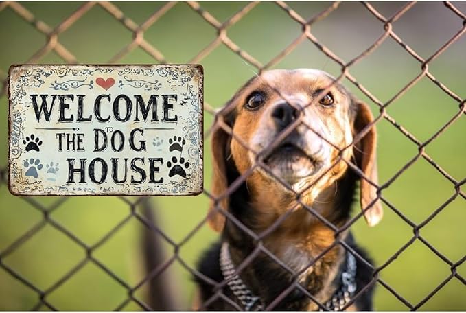 Warning Vintage Dogs House Tin Sign,Retro Beware of Dog Metal Sign,Decorative Plaque,Wall Art Poster for Outdoor Home Fence Kitchen Bedroom Farm,Gifts 8×12 Inches (Welcome The Dog House)