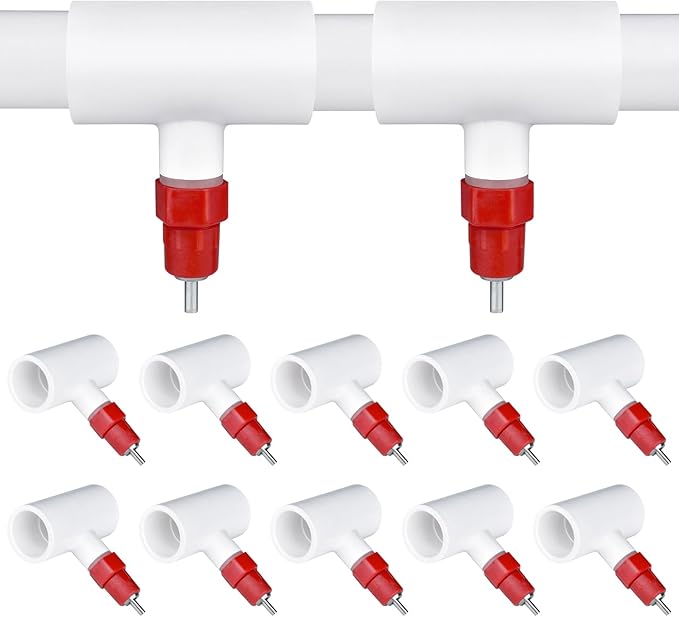 10Pcs Chicken Water Nipples, Chicken Nipple+Tee Waterer Kit, Automatic Poulrty Drinking, Quail, Duck, Geese, Turkeys