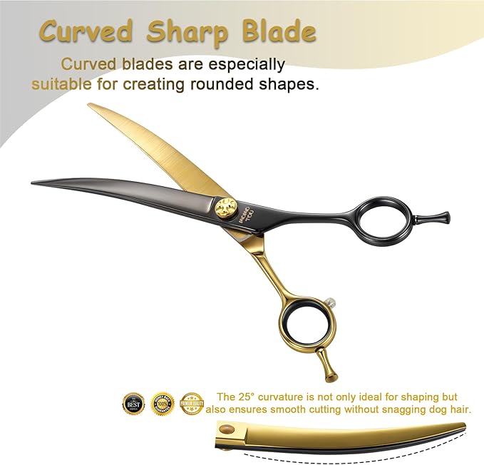 Curved Dog Grooming Scissors 7.5" – Black & Gold 440C Stainless Steel Shears for Precision Face and Body Shaping