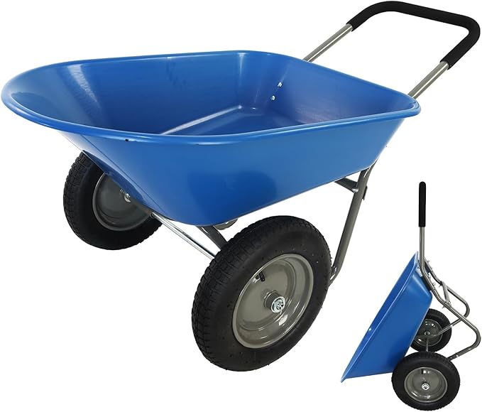 Dual Wheel Garden Wheelbarrow,Heavy Duty Yard Cart with 10“/15" Pneumatic Tires, Rustproof Poly Tray & Steel Handle, 300 lbs Capacity Utility Cart for Lawn, Farm, and Landscaping (Blue-15“)