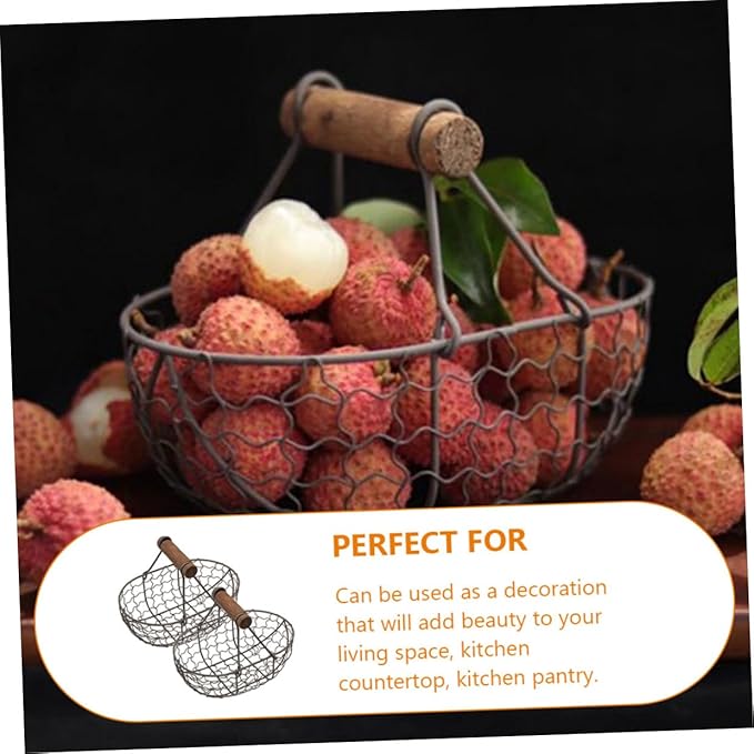 2pcs Vintage Rustic Iron Fruit Basket with Wooden Handles, Gray-black Metal Storage Basket for Kitchen, Egg Collecting and Snack Organization, Farmhouse Style Household Container