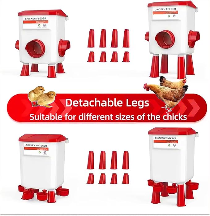 Automatic Chicken Feeder and Waterer Set(4 Buckets/2-3 gallons), 18 Pounds No Waste, Rain Proof Poultry Feeder, Avoid Small Animals, Suitable for Chicken, Duck, Turkey(Red Color)