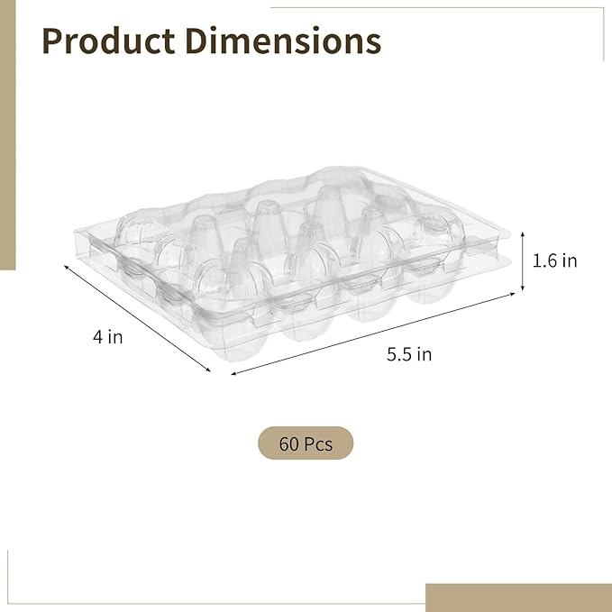Varku 60 Pcs Quail Egg Cartons,12-slot Plastic Egg Cartons Trays Bulk,3x4 Grids Clear Storage Containers Fresh Chicken Eggs Reusable Small Quail Holder Trays Basket,Compact Stackable Design