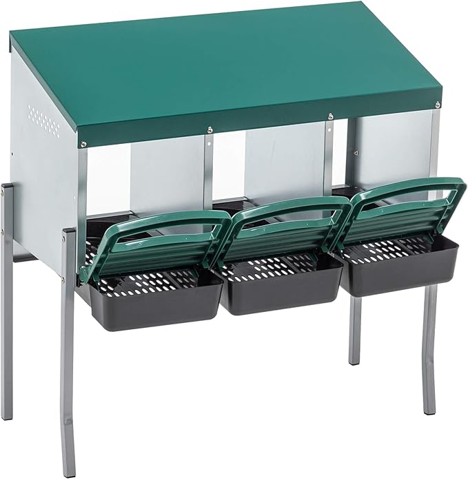 Chicken Nesting Box, 3 Compartment Roll Out Hens Nest Boxes with 4 Legs, Chicken Laying Box w/Lid Cover for Outdoor Chicken Coop Cages Farm Yard, Green (3 Holes w/Legs)