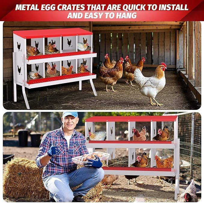 Chicken Nest Box, 8-Compartment Egg-Laying Box, Metal Hen House, Convenient for Collecting Eggs - Ventilated Poultry House Equipment - Suitable for Hens, Ducks Red,with Stand