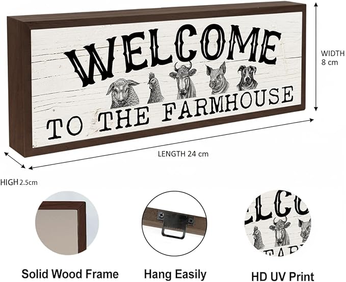Farmhouse Wood Signs, Welcome to the Farmhouse Sign, Front Door Sign, Home Decor for Indoor Outdoor, Front Door Decors, Rustic Framed Wood Hanging Decor 9.5x3.1x1 inches