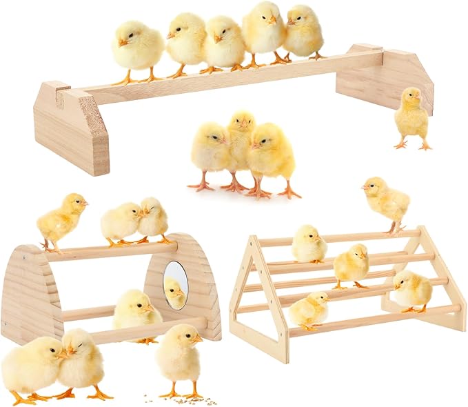 BreezeHug 3 Pcs Chicken Roosting Bar Set Wooden Chick Perch Prevent Rotation Design with Mirror Long Strip Large Triangle Stand Platform for Bird Parrot Macaw Hens Coop Brooder Fun Toys Accessories