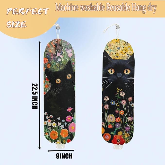 2PCS Cat Plastic Bag Holder, Wall Mount Grocery Bag Holder for Plastic Storage bag, Storage Organizer Reusable Grocery Bags, Pull Rope Free Adjustment, Cat Lover Gifts for Women Mom Sister
