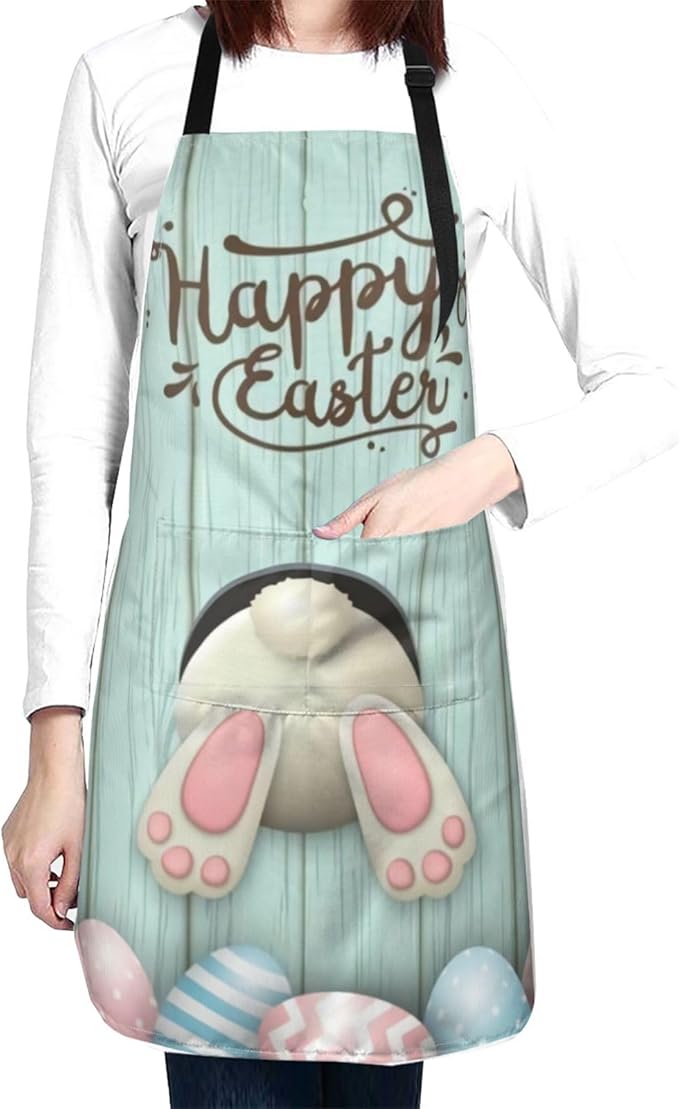 ASYG Cute Easter Rabbit & Eggs Apron Adjustable with 2 Pockets Bunny Easter Gift Kitchen Baking Gardening Work Apron