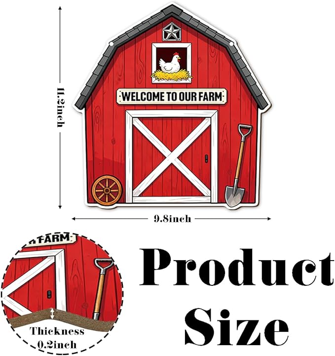 Farmhouse Wall Decor, Red Barn Welcome to Our Farm Sign with Chicken, Rustic Cartoon Painting Style Wood Hanging Plaque, Country Farmhouse Wall Art for Kitchen Porch or Entryway, 9.8x10.2 Inches