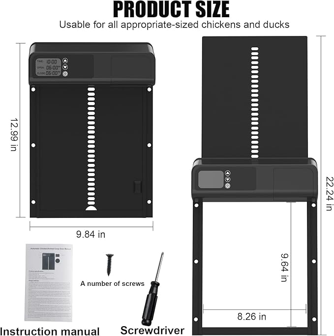 Automatic Chicken Coop Door with Timer, Gear Lifter Poultry Gate,Battery Powered, Evening and Morning Delay, Full Aluminum Door, Automatic Chicken Door Opener with LED Liquid Crystal Display (V-Black)