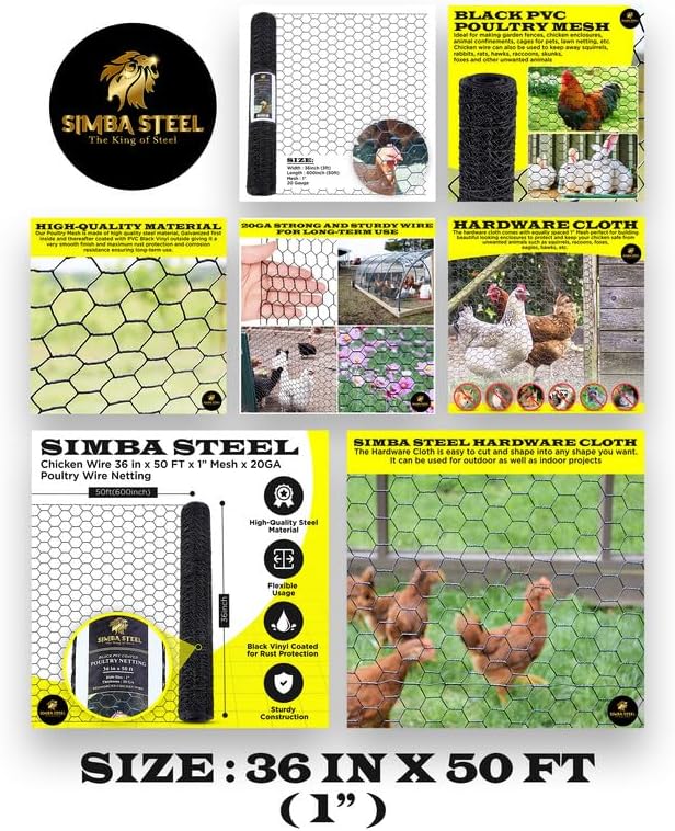 36” x 50 FT PVC Hexagonal Poultry Netting Chicken Wire | 1" Mesh | 20 Gauge | Black PVC Vinyl Coated | Rust Proof | for Garden, Fence, Chicken, Rabbit, Pet Enclosures