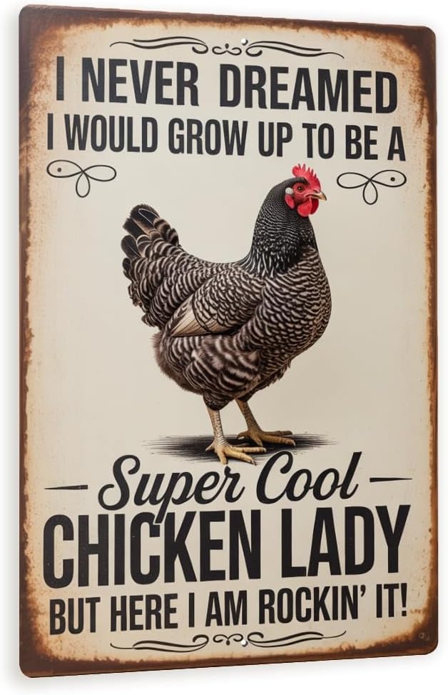 Cool Chicken Lady Sign – Funny Farmhouse Wall Decor, Vintage Metal Chicken Sign With Rustic Distressed Finish 8x12