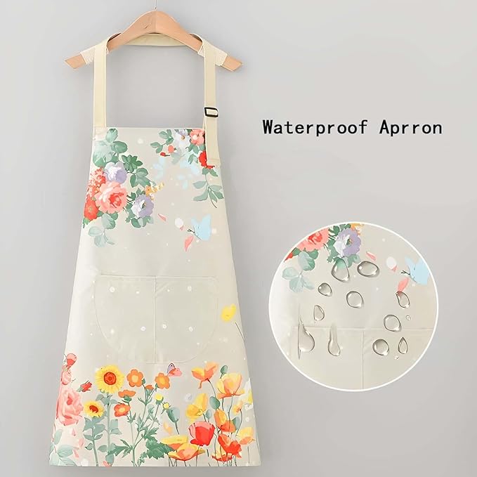 Floral Aprons with Pocket Blooming Women Waterproof Apron Adjustable Neck Long Ties Women Men Cook Baking Garden