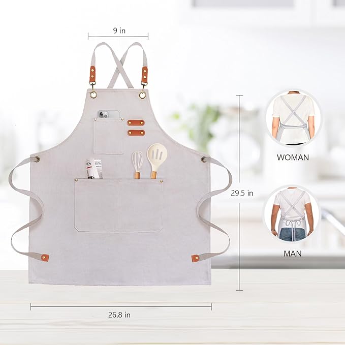 Chef Apron for Men Women Canvas Aprons with 3 Pockets Cross Back Resistant Work Apron for Cooking