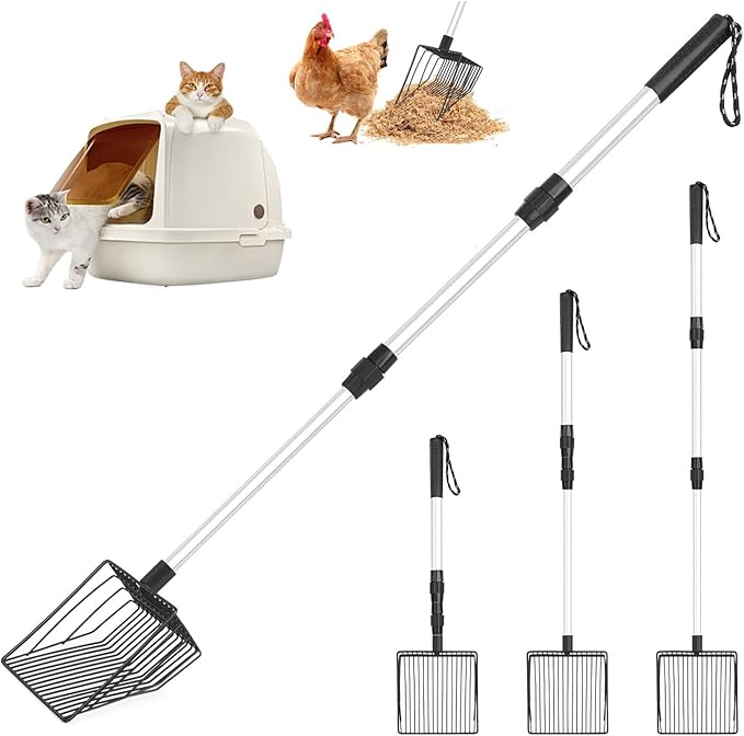 Cat Litter Scoop with Long Handle, 3 in 1 Adjustable 22" to 42" Chicken Coop Litter Scooper, Metal Pooper Sifter, Chicken Coop Sand Scooper, Sturdy Pet Care Tool, Chicken Coop Accessories