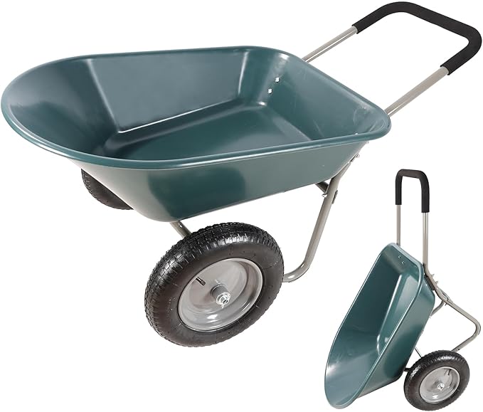 Dual Wheel Garden Wheelbarrow,Heavy Duty Yard Cart with 10“/15" Pneumatic Tires, Rustproof Poly Tray & Steel Handle, 300 lbs Capacity Utility Cart for Lawn, Farm, and Landscaping (Green-15“)