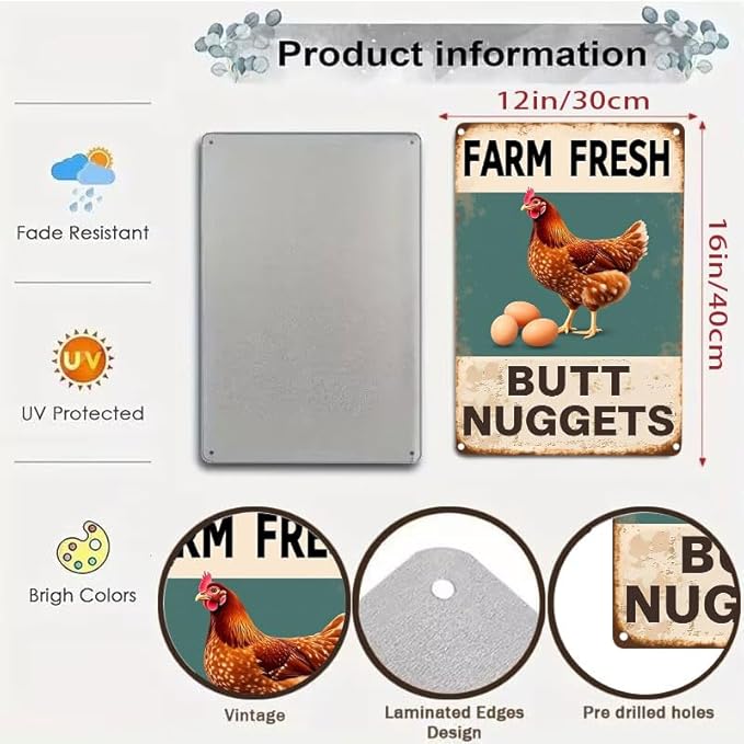 Vintage Metal Signs Chicken Coop Signs for Farm Yard Decor, Farm Tin Signs for Home Kitchen Outdoor Decor, Fresh Butt Nuggets 12x16 inches
