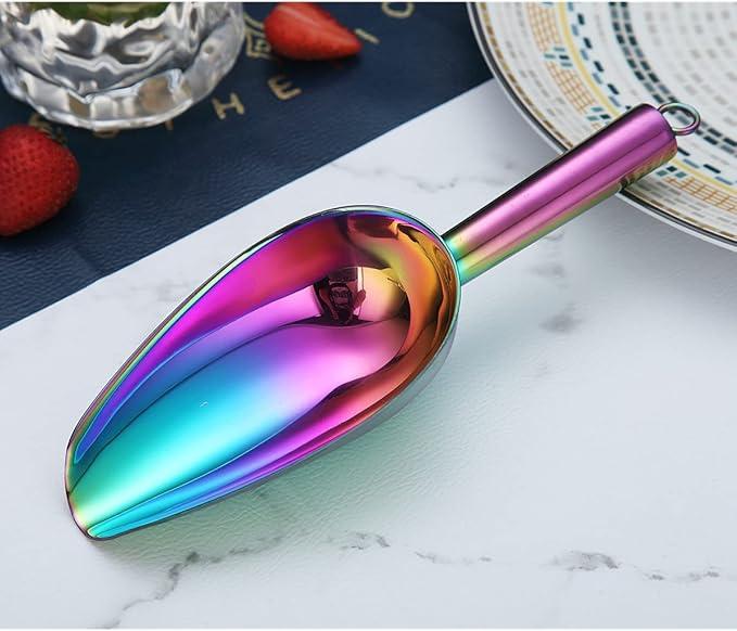 Berglander Stainless Steel Rainbow Ice Scoop 6 OZ, Titanium Colorful Plating Metal Ice Scooper For Ice Maker Multipurpose For Candy Wedding Kitchen Bar Party Pet Animal Dog Food Scoop Beach Shovel