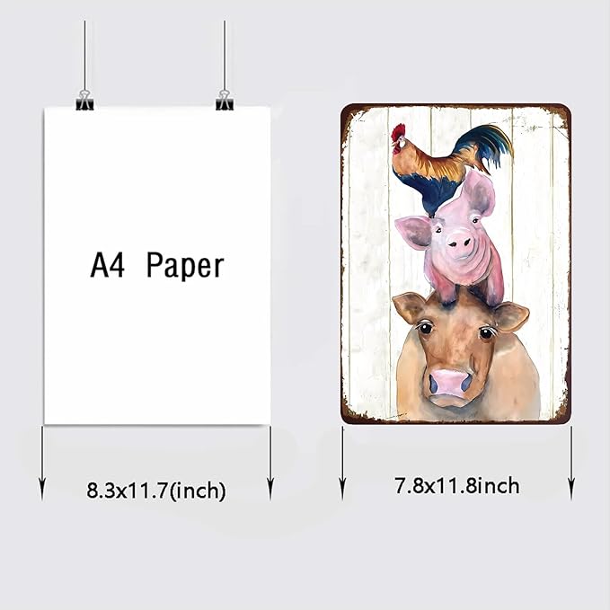 Rustic Farm Animals Metal Sign Chicken Pig Cow Vintage Style Wall Decor for Farmhouse 12x8 Inches
