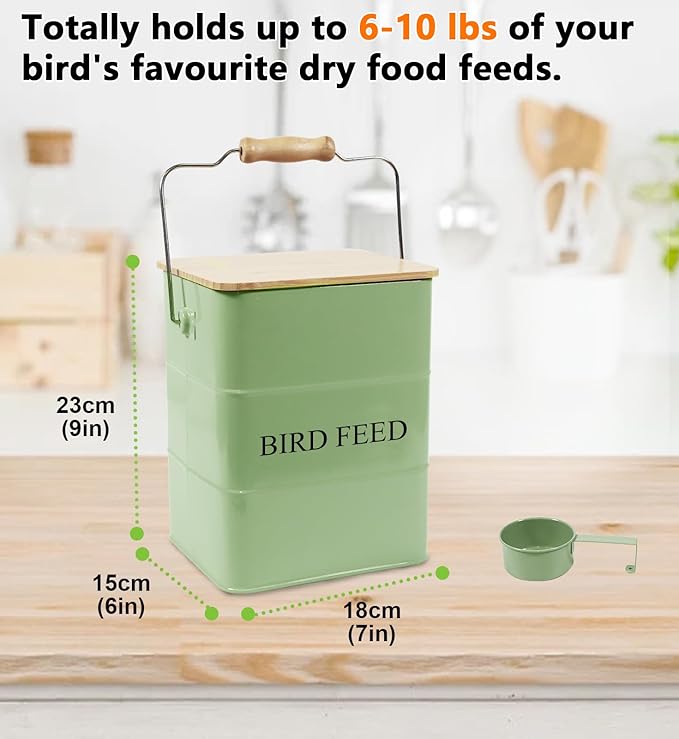 Morezi Bird treat and food storage tin with wooden lid and scoop included - green powder - carbon steel - birds food bin - pet food container storage canister