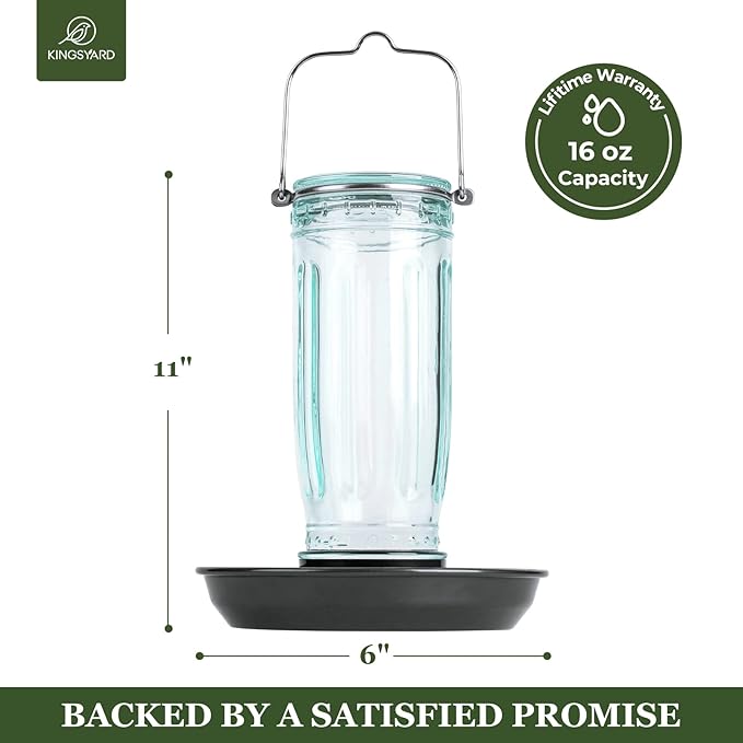 Kingsyard Glass Bird Water Dispenser for Outdoor, 16 Oz, Bird Water Feeder with Metal Hanging for Garden Yard Fence Decoration Hummingbird Cardinal Bluebird Finch, Green