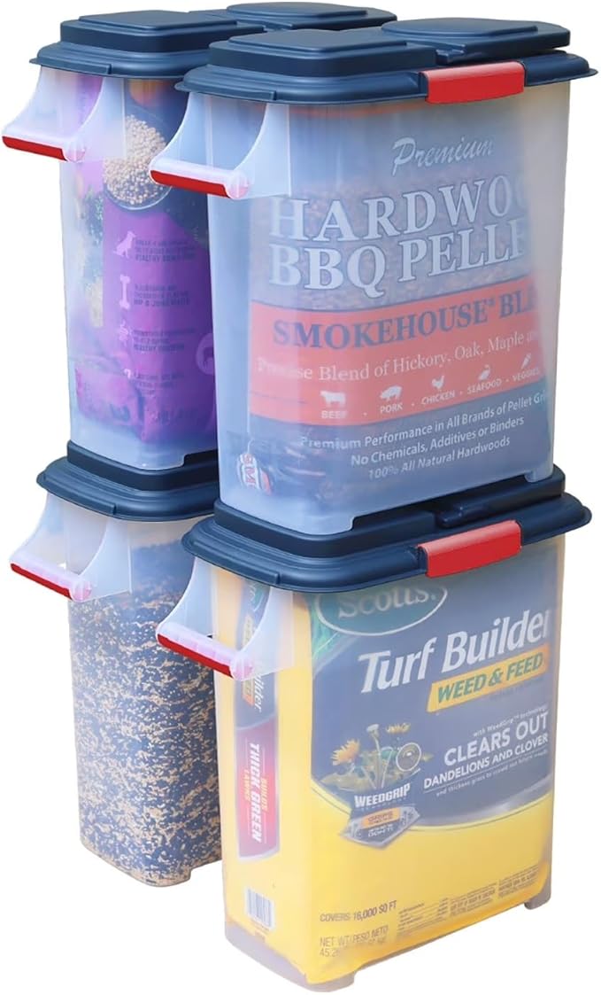 BEN & JANE 40lb Pellet Storage Dispenser - Made in USA, BPA-Free Food Safe Container for Dog & Cat Food, Birdseed, Charcoal & Potting Soil - Weatherproof Stackable Bin with Pour Spout & Locking Lid