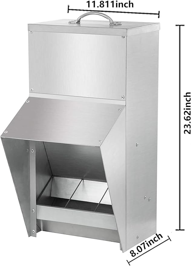 shengyi 11.5-55lbs Galvanized Chicken Feeder - Rat Proof Poultry Feeder with Lid Weatherproof Outdoor Coop Food Dispenser (50lbs 13.8x11x25.6in)