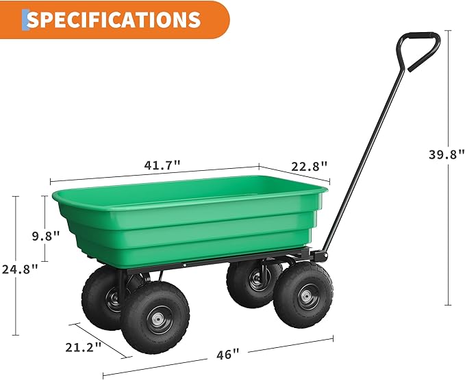 Heavy Duty Garden Dump Cart 1200 lbs, 6 Cu.Ft. Yard Wagon with 13" All-Terrain Wheels, Quick-Release Tipping, Pivoting Handle for Gardening, Lawns, Farms – Green Bucket + Black Iron Handle |