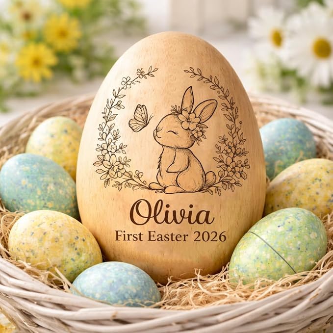 Personalized Wooden Easter Egg – Custom Engraved Bunny Name Egg, Baby First Easter Keepsake Gift, Rustic Wood Bunny Decor, Cute Basket Stuffer for Kids, Spring Holiday Gift for Baby Boy Girl/6