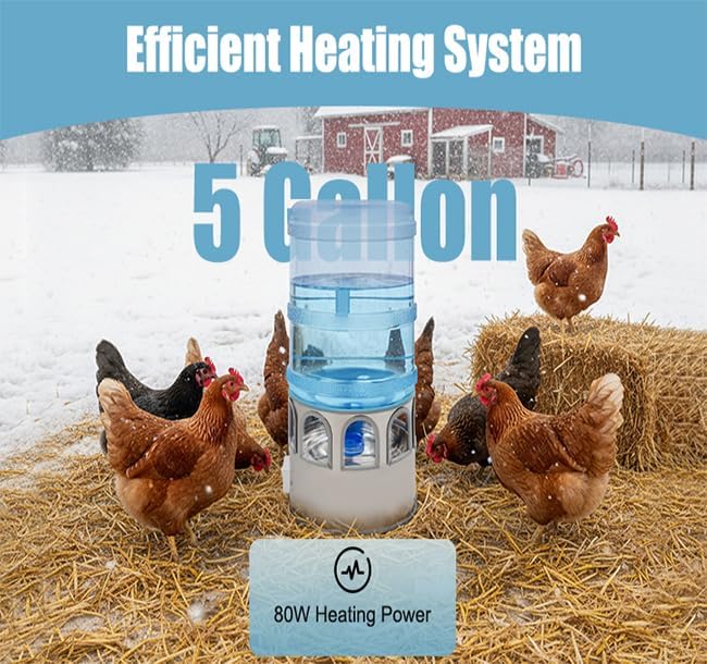Chicken Water Heater with 5 Gallon Bucket, Heated Poultry Waterer with LED Display, Temp Adjustable(32-122℉), 80W, All-Season Use