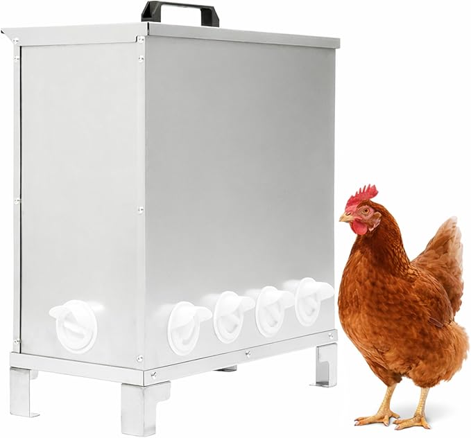 Chicken Feeder 10-Port No Waste Poultry Feeders for Chickens, Ducks, Geese, Poultry Large Gravity Feeder w/Raised Leg and Locking Lid Steel+Plastic Galvanized Silvery