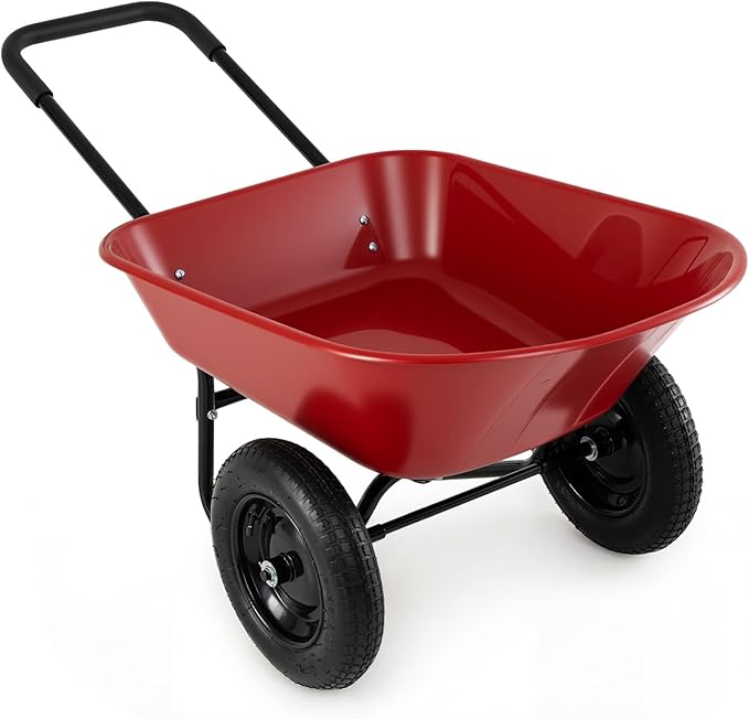 IRONMAX Dual-Wheel Wheelbarrow, Heavy Duty Wheel Barrel with All-Terrain Wheels, 330 LBS Utility Yard Cart with Built-in Stand, Outdoor Gardening Carts for Lawn, Farm, Planting (Red)