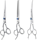 JASON Left Handed 7" Dog Grooming Scissors Set, 3 in 1 Ergonomic Blending, Curved, Straight Cat Pet Hair Trimming Thinning Professional Kits with Offset Handle and a Jeweled Screw Christmas Gift