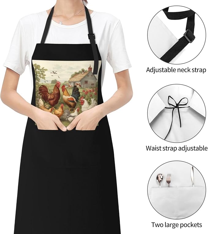Chickens and Farm Aprons for Women with 2 Pockets, Kitchen Cooking Apron for Men, Water and Oil Resistant, Adjustable Bib Apron Extra Long Work Aprons for Dishwashing, Dog Grooming