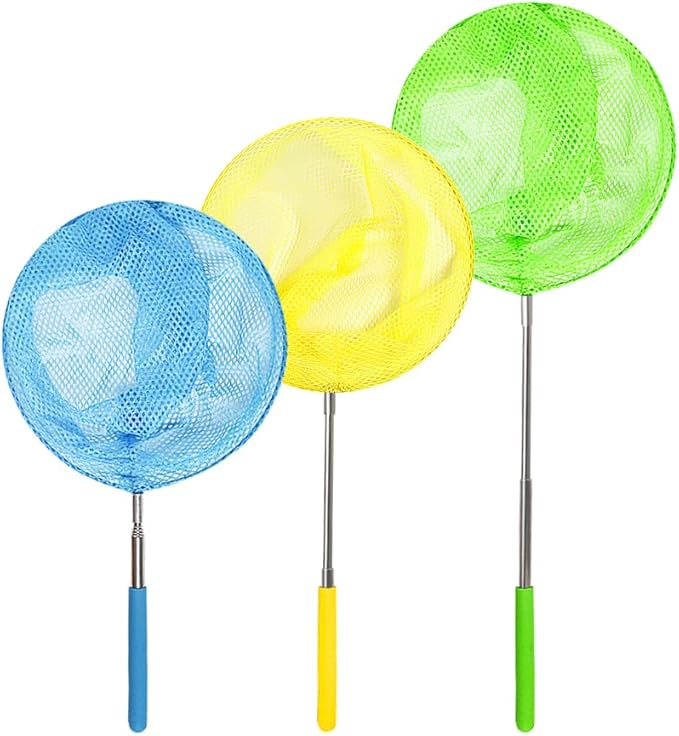 TSYAN Kids Telescopic Butterfly Fishing Nets for Kids Catching Insect Net Outdoor Tools for Catching Bugs Fish Insect Ladybird, Extendable 34 Inches and Anti Slip Grip (3Pcak)