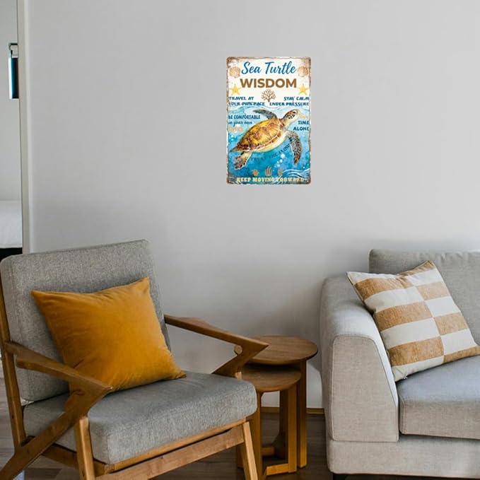WADORN Funny Sea Turtle Metal Tin Sign, 8x12 Inch Sea Turtle Wisdom Retro Tin Sign Friends Inspirational Gift Wall Art Decor Plaque for Home Office Bedroom Beach Theme Party Bathroom Garage Man Cave