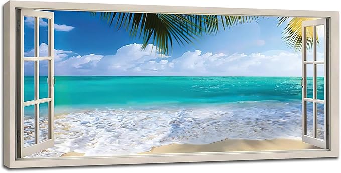 Beach Window Wall Art Ocean Palm Pictures Wall Decor Coastal Large Canvas Prints Paintings Home Office Decorations Framed Artwork for Living Room 60"x30"