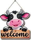 Farmhouse Wall Decor, Cute Cow Welcome Sign, Cartoon Oil Painting Style Wood Hanging Plaque, Rustic Country Wall Art for Kids Room Nursery Kitchen or Barnwood Entryway, 9.9x9.8 Inches