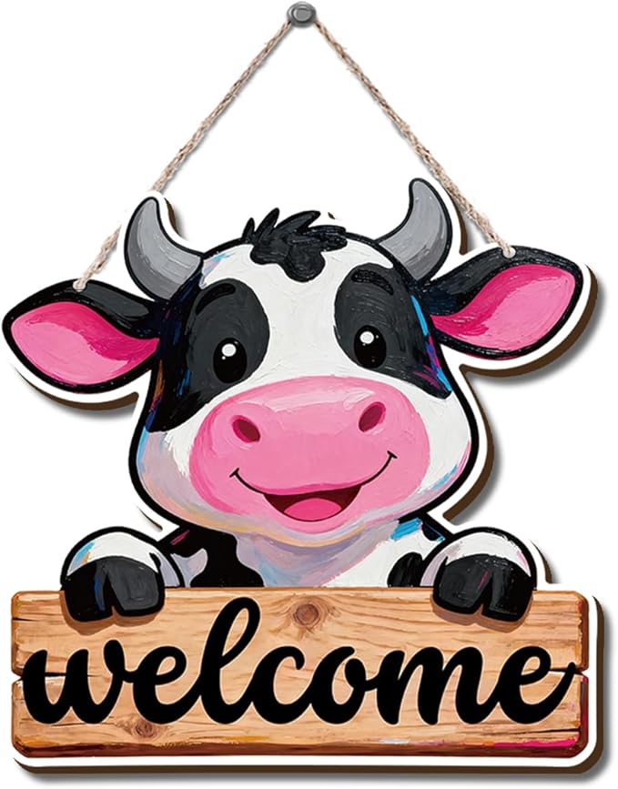 Farmhouse Wall Decor, Cute Cow Welcome Sign, Cartoon Oil Painting Style Wood Hanging Plaque, Rustic Country Wall Art for Kids Room Nursery Kitchen or Barnwood Entryway, 9.9x9.8 Inches