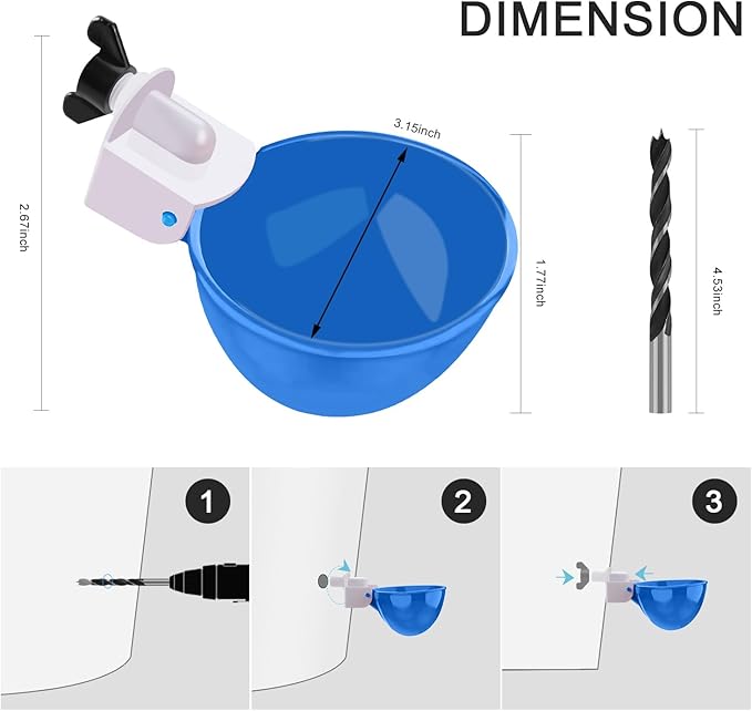 Chicken Waterer Cups, 8 Packs Blue Large Chicken Watering Cups, Automatic Chicken Water Cups, Tee Fittings Poultry Feeder Cups Suitable for Chicken, Duck, Goose, Turkey with Mounting Hole Opener