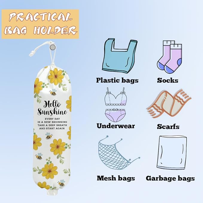 Flower Plastic Bag Holder, Wall Mount Grocery Bag Holder, Plastic Storage bag, Flowers Storage Organizer Grocery Bags, Pull Rope Free Adjustment, Bee Gifts for Women Mom Grandma