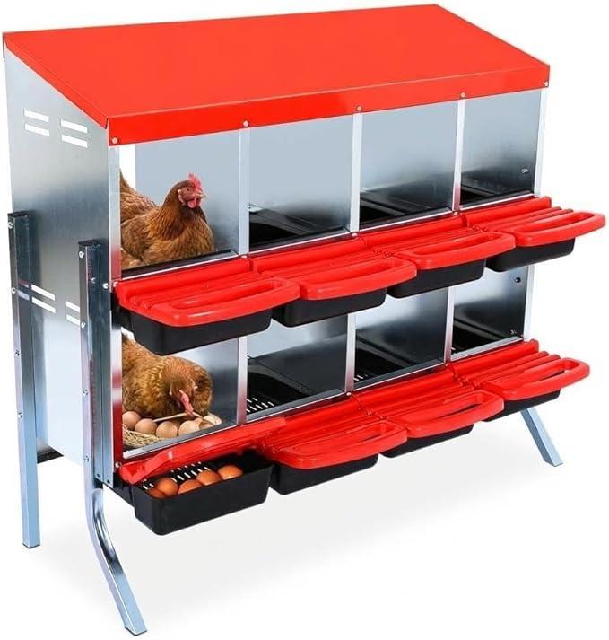 Chicken Nesting Box, 6-Hole Metal Wall Mount Chicken Laying Boxes with Legs and Lid Cover, Easy to Assemble, Roll-Away Egg Design Nesting Boxes for Outdoor Chicken Coop & Farm Yard, Red