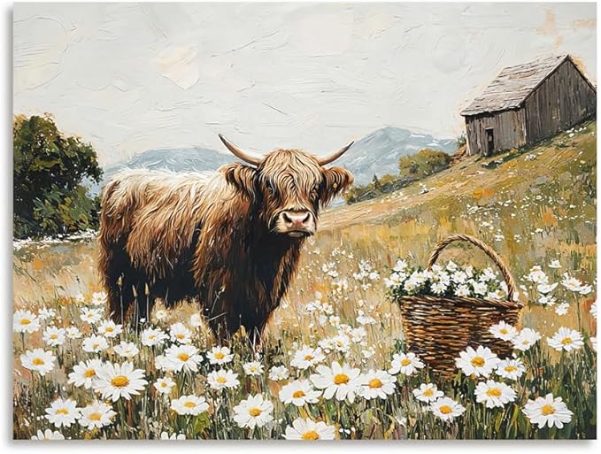 Yidepot Highland Cow Canvas Wall Art: White Flowers Farmhouse Artwork, Cow Pictures Bedroom Decor Ready to Hang 24x32inch