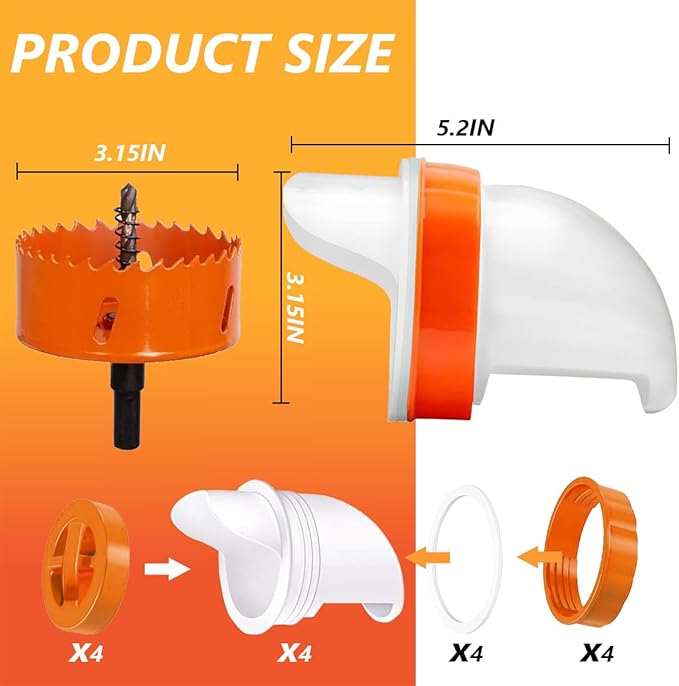 MAFONE DIY Chicken Feeder No Waste,Mess Cups Kit for Gravity Automatic Chickens Bucket Feeder Fit for Buckets, Barrels, Bins,Troughs,Rain Proof Poultry Feeder Port(4 White Orange Ports,1 Hole Saw)